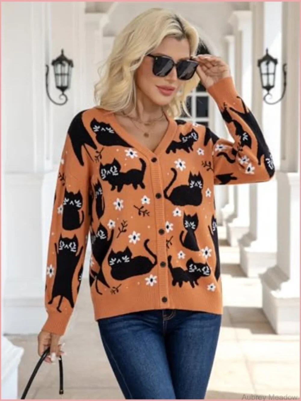 Knit Cat Cardigan Sweater Button Down V Neck Fall Winter Open Front